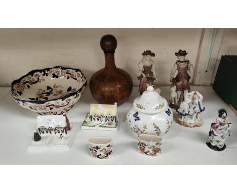 A Masons bowl and 2 small vases; ; 2 Coalport cottages; an Aynsley covered bowl; a pair of bisque figures; 2 mall porcelain f