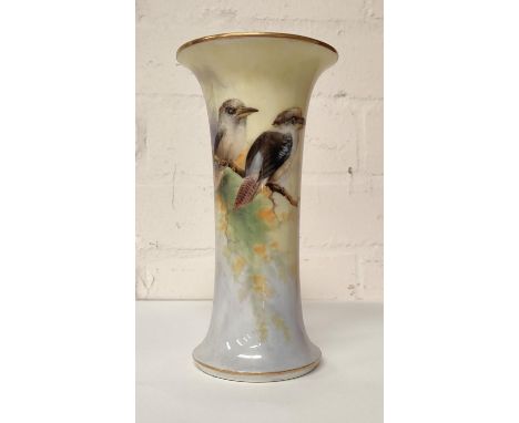A Royal Worcester waisted vase with&nbsp; flared rim, hand painted decoration of Kookaburras on branch, unsigned, numbed G923