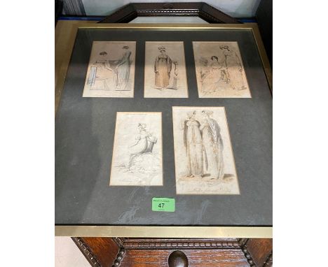 A collection of 5 early 19th century fashion prints, framed as one; a 1930's oak framed wall mirror 