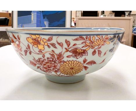 An 18th century Chinese Imari pattern bowl on pedestal foot, with gilt highlights, 18.5cm (multiple hairlines);&nbsp;2 18th c