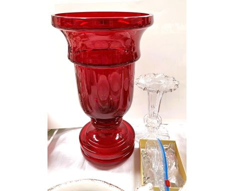 A clear glass lustre with cut drops; a large ruby glass vase; glassware etc. 