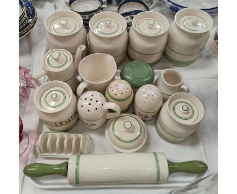 A 1930's "Kleen Kitchen" storage set:&nbsp; storage jars; sugar sifters; rolling pin; etc., 17 pieces approx 