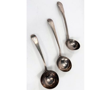 A fiddle and thread pattern sauce ladle, monogrammed, Glasgow 1802; 2 hallmarked silver ladles similar, bottom marked, 6.5oz/