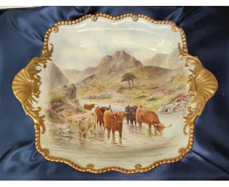 A Royal Worcester hand painted "Tudor Tray" (square dish) of Highland Cattle inspired by Harry Stinton, in gilt to reverse, g