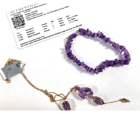 A Lehrer cut Amethyst and diamond 9 carat gold necklace set 3 amethyst and 1 small round diamond; an amethyst stone bracelet 