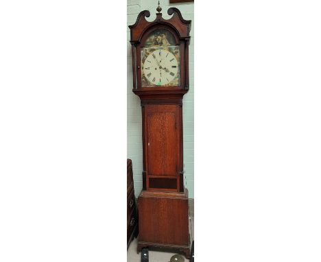 An early 19th century oak and mahogany longcase clock, with swan neck pediment and reeded side columns to the hood, arched fu