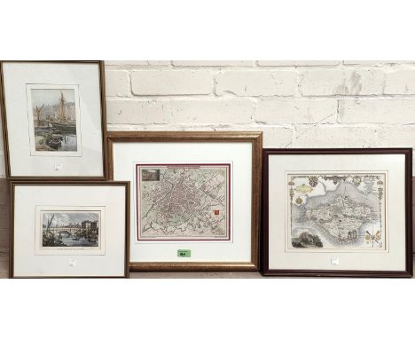 An engraved 19h century map of Manchester, 20 x 25cm; another of the Isle of Wight; other framed prints 