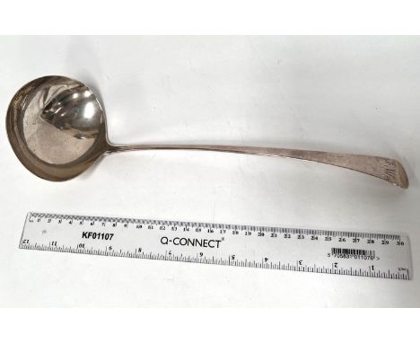 A George III 18th century Old English pattern silver soup ladle, London, 1793, mark partly obscured, possibly IB, 3.4oz, 31cm