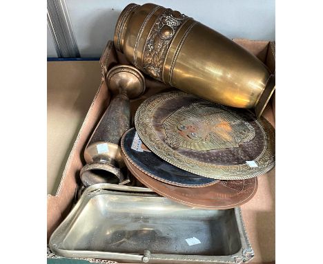 A copper plant trough and metalware 