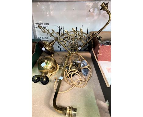 An Edwardian 2 branch brass rise and fall light fitting; and Edwardian ornate brass wall light bracket 