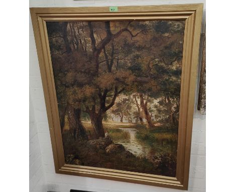BRITISH, 19th century, WILKINSON? oil on canvas woodland scene with river and boy fishing, indistinctly signed and dated 1889
