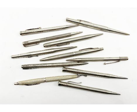 A collection of silver propelling pencils and ballpoint pens to include "Long-Life" Sterling Silver propelling pencil, Sheaff