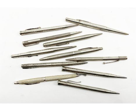 A collection of silver propelling pencils and ballpoint pens to include "Long-Life" Sterling Silver propelling pencil, Sheaff