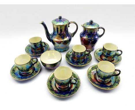 Art Deco Maling lustre coffee set decorated in the Plum and Orchid pattern, no. 3449 comprising coffee pot, hot water pot, su