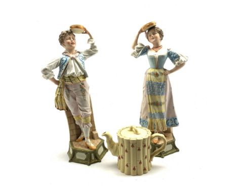 Pair of Continental bisques each playing a tambourine, H49cm together with a Wedgwood Jasperware Bamboo moulded teapot, impre