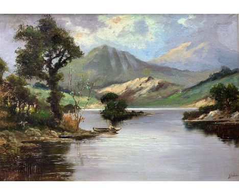 Jack M. Ducker (Scottish fl.1910-30): Fishing in a Loch, Scottish Highland landscape oil on board, signed 38cm x 53cm