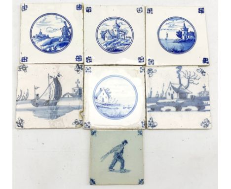 Group of assorted Delft tiles to include a set of three painted in roundels with buildings and landscapes, 13cm x 13cm approx