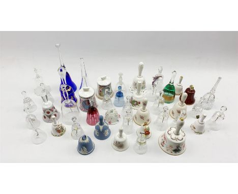 Collection of glass and ceramic bells to include Edinburgh Crystal, Wedgwood, Aynsley, Hammersley and others 