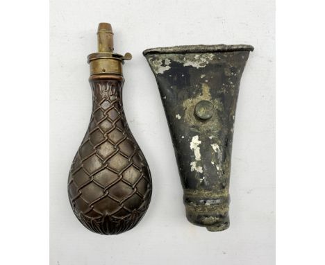 Copper powder flask with ropework decoration and a 19th century flask with a naval button 