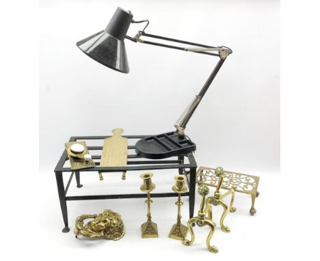 Brass cribbage marker, pair of brass fire dogs, two trivets etc and an anglepoise lamp
