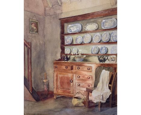K. Schr�der (German, 20th century): Interior scene of cottage with dresser, watercolour signed and dated 1922, 30cm x 24cm