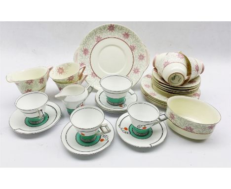 Art Deco Foley China part tea set comprising three teacups, six saucers, milk jug and sugar bowl, bases marked Foley China, E