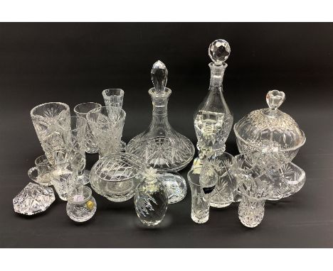 Collection of glassware to include an Edinburgh crystal ships decanter, another crystal decanter, Royal Doulton basket, rose 