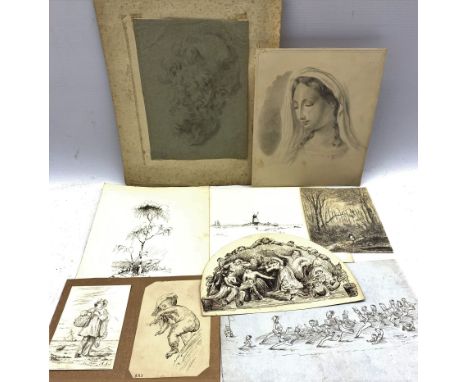 E. Elcott? (19th century): Pencil drawing of Madonna, signed indistinctly, together with 17th/18th century portrait sketch of