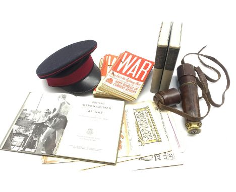 WWI brass three draw military telescope by Negretti &amp; Zambra No.9618 in leather case,  RAMC military cap, various WWII co