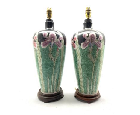 Pair of Oriental design  ceramic table lamps decorated with irises on wooden bases H43cm
