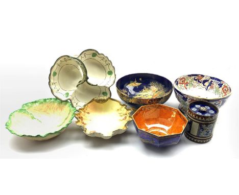Royal Doulton tobacco jar and cover, Wedgwood octagonal lustre bowl in the Flying Hummingbirds pattern Z5294 W19cm, Worcester