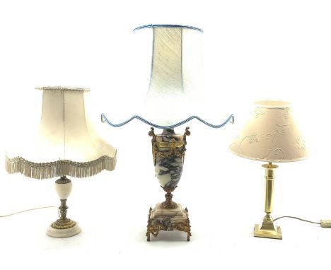 Continental Empire style marble and gilt metal table lamp, of urn form with twin scroll handles, central female mask issuing 