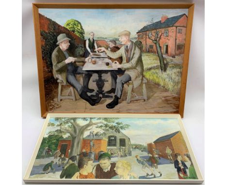J. M. Harker (British mid 20th century): 'School Friends' and 'Old Friends', pair oils on panel, signed max 60cm x 82cm (2)