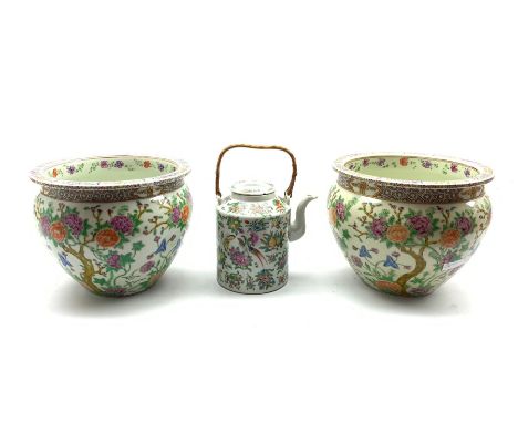 Pair of 20th Century Chinese jardinieres decorated with flowering shrubs and with seal mark to base D20cm and a Chinese cylin