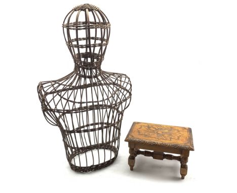 Wicker half mannequin H75cm and a small carved oak stool W30cm
