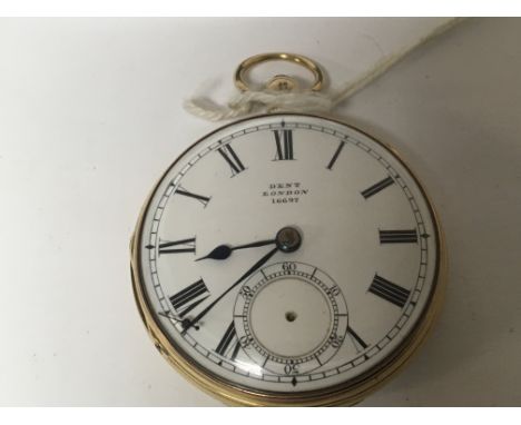 An 18carat gold cased open face pocket watch maker Dent of London with an engine turned back plate not seen working second ha