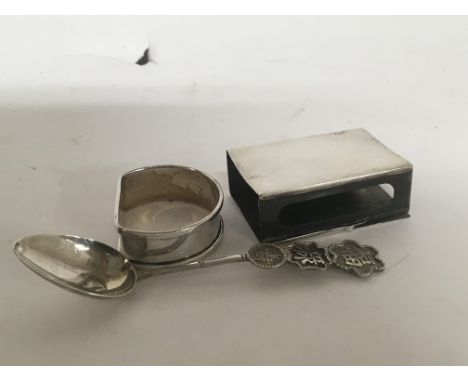 A Chinese silver spoon napkin ring and match case (3)