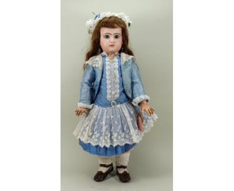 Tete Jumeau bisque head Bebe doll, size 12, French, circa 1890, the fine pale bisque head with fixed blue glass paperweight e