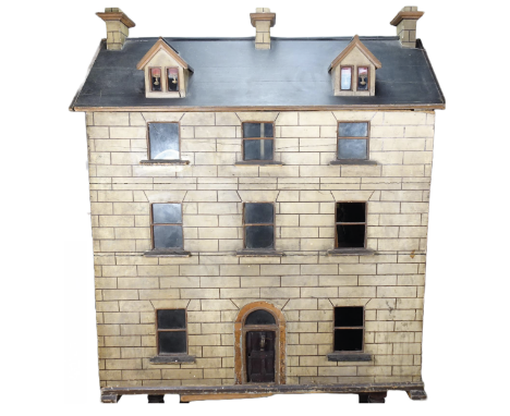 A good, early painted wooden Irish Town three storey Dolls House, Irish 1840s/50s, the whole exterior painted in large sandst