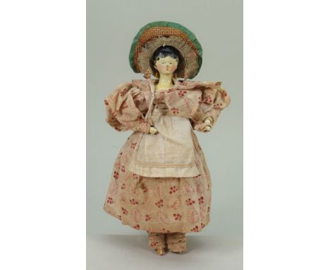 Rare all original painted wooden Grodnertal doll, German circa 1830, excellent example with finely carved and painted feature