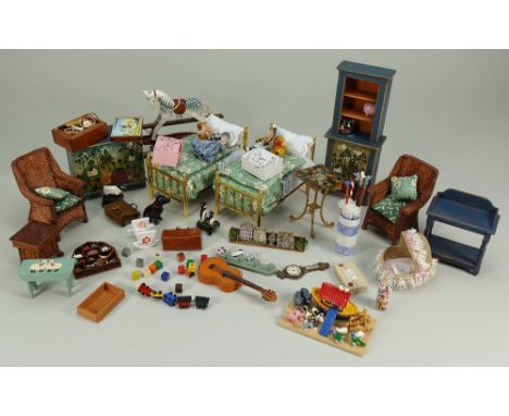 Collection of Dolls house Bedroom, Bathroom furniture, lighting, pictures and more, furniture includes two beds, chest and ca