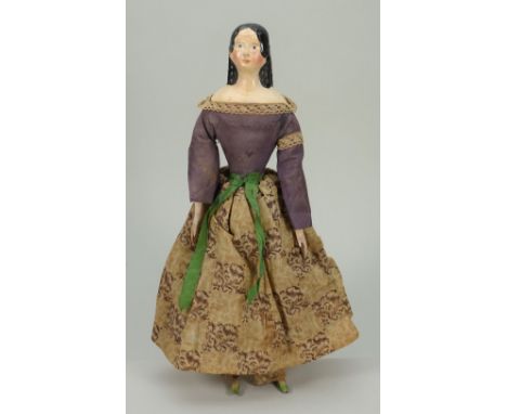 All original papier-mache shoulder head lady doll, German circa 1840, with finely painted features, moulded and painted shoul