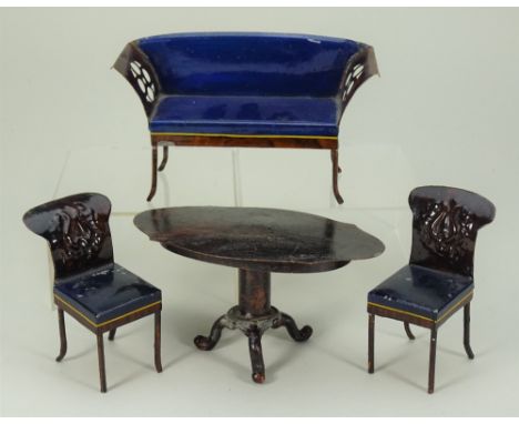 Rock and Graner Dolls House tinplate Dining room table and chairs, German circa 1875, oval shaped dining table painted in sim