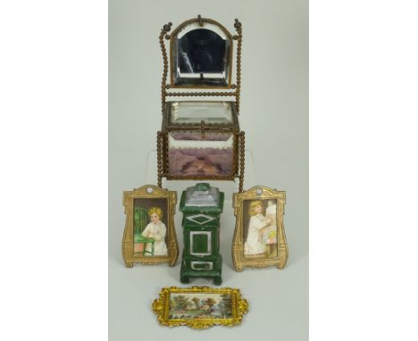 Three soft metal gilt framed miniature pictures, pair of Art Nouveau style framed pictures of children praying, together with