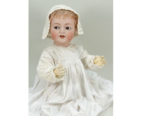 Large Simon &amp; Halbig 126 bisque head baby doll, German circa 1915, with weighted brown glass ‘flirty’ eyes, painted lashe