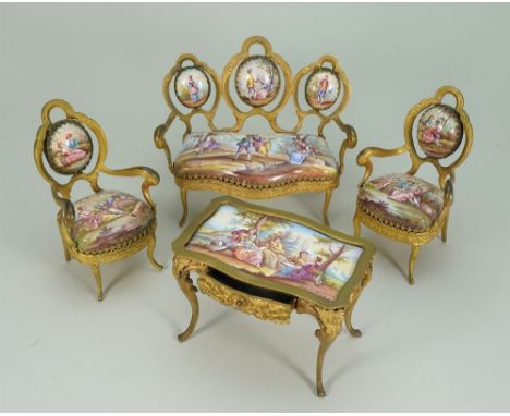 Austrian enamel hand painted miniature gilt furniture, early 20th century, including a settee, two arm-chairs and oblong cent