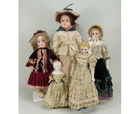 Group of five various dolls, including a Parian-type bisque shoulder head doll with glass eyes, moulded hair-style and on a c