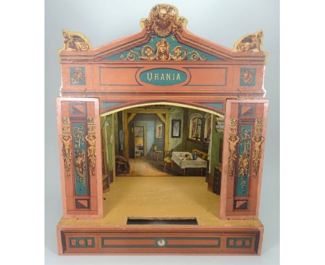 Wooden paper printed Toy Theatre ‘Urania’, 1920s/30s, wooden base with decorative paper printed pediment and sides, interior 