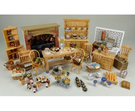 Collection of Dolls house Garden and Kitchen/scullery furniture and accessories, including metal frames garden furniture and 