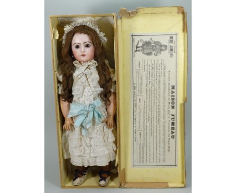 Tete Jumeau bisque head Bebe doll in original size 11 box, French 1880s, with fixed brown glass paperweight eyes, finely pain